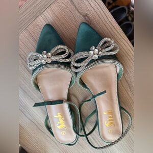 SHEIN Emerald Satin Flats with Rhinestone Bow